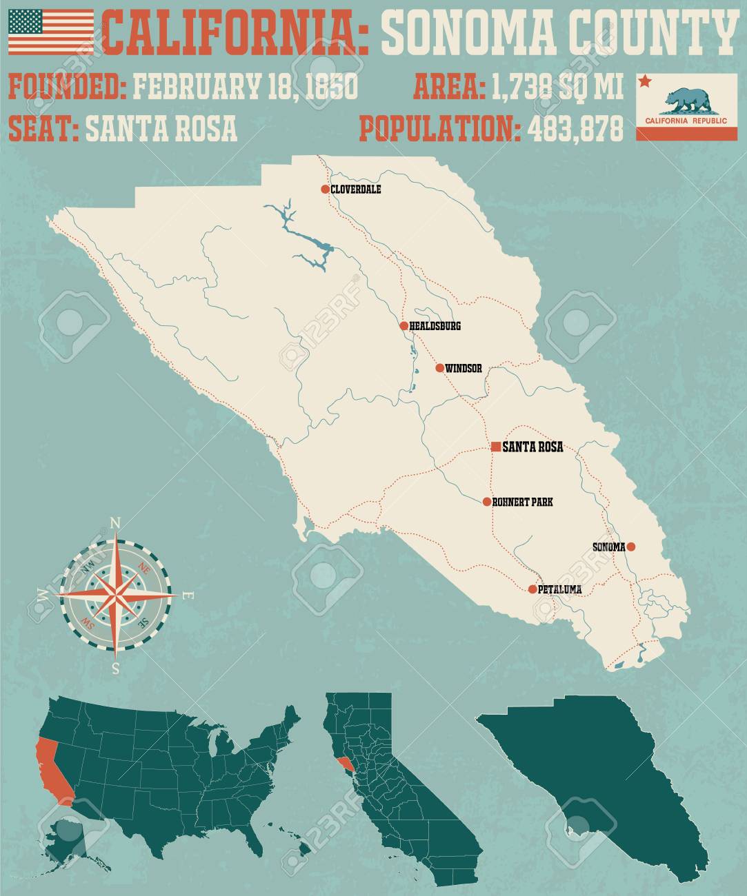 カリフォルニア州ソノマ郡の大きく詳細な地図 のイラスト素材 ベクタ Image