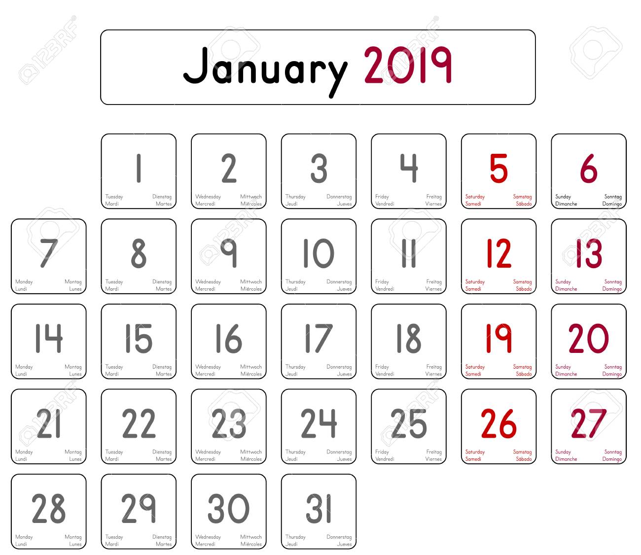 detailed daily calendar of the month of january 2019 lizenzfrei january 2019 calendar clip art