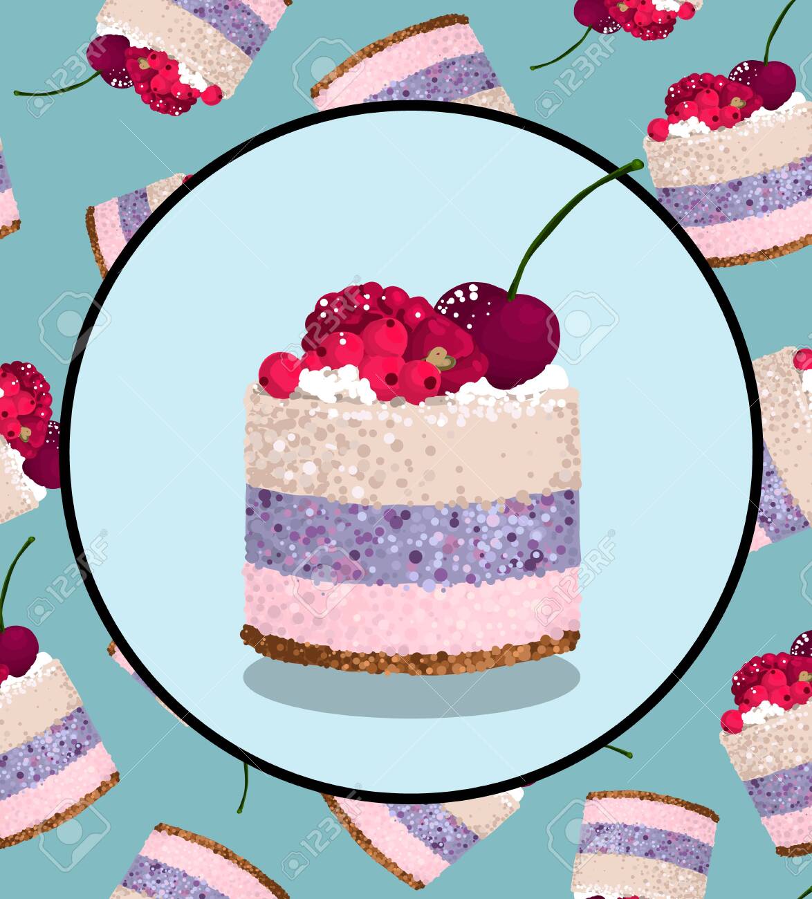 Hand Drawn Desserts Slices Of Cheesecake With Cherry On Top