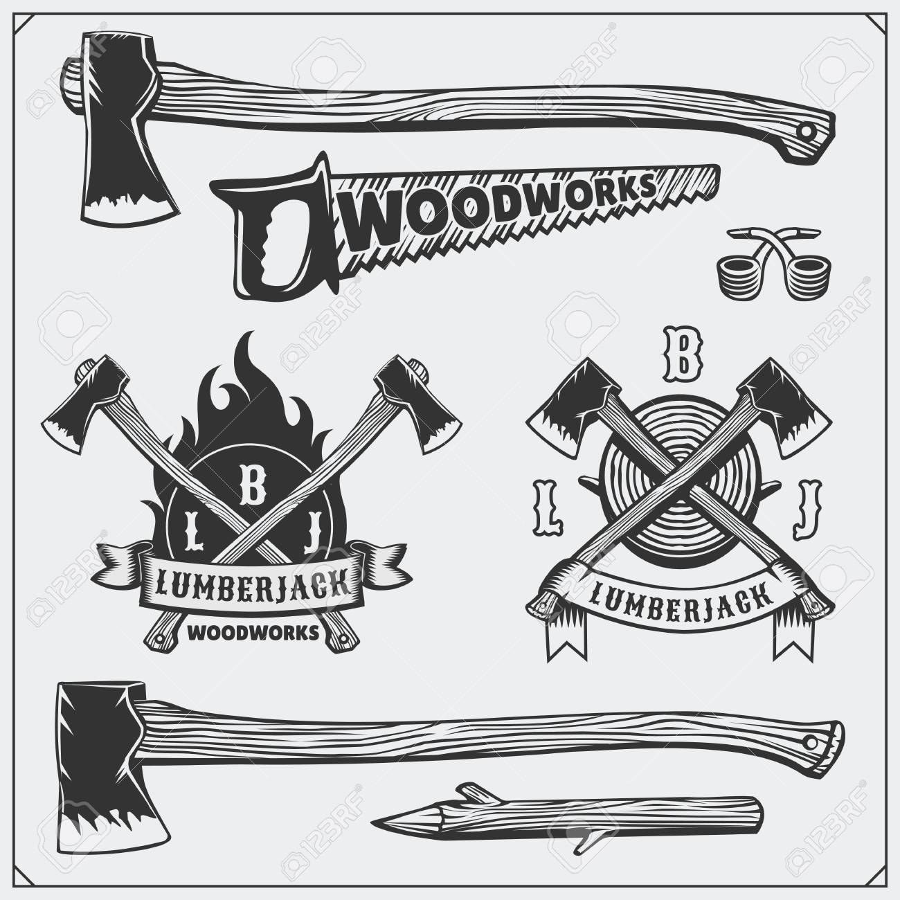ビンテージ ラベル エンブレム デザイン要素のベクトルを設定します 斧とのこぎり のイラスト素材 ベクタ Image