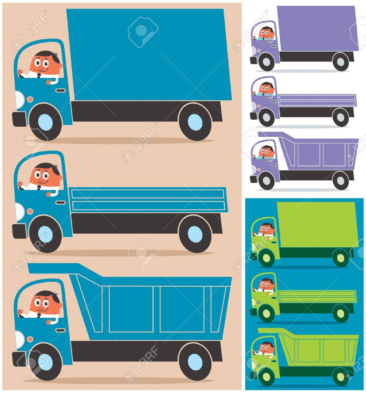 トラックの運転 3 種類の文字を漫画します 各トラックは 3 色バージョンです ないの透明度とグラデーションの使用します のイラスト素材 ベクタ Image