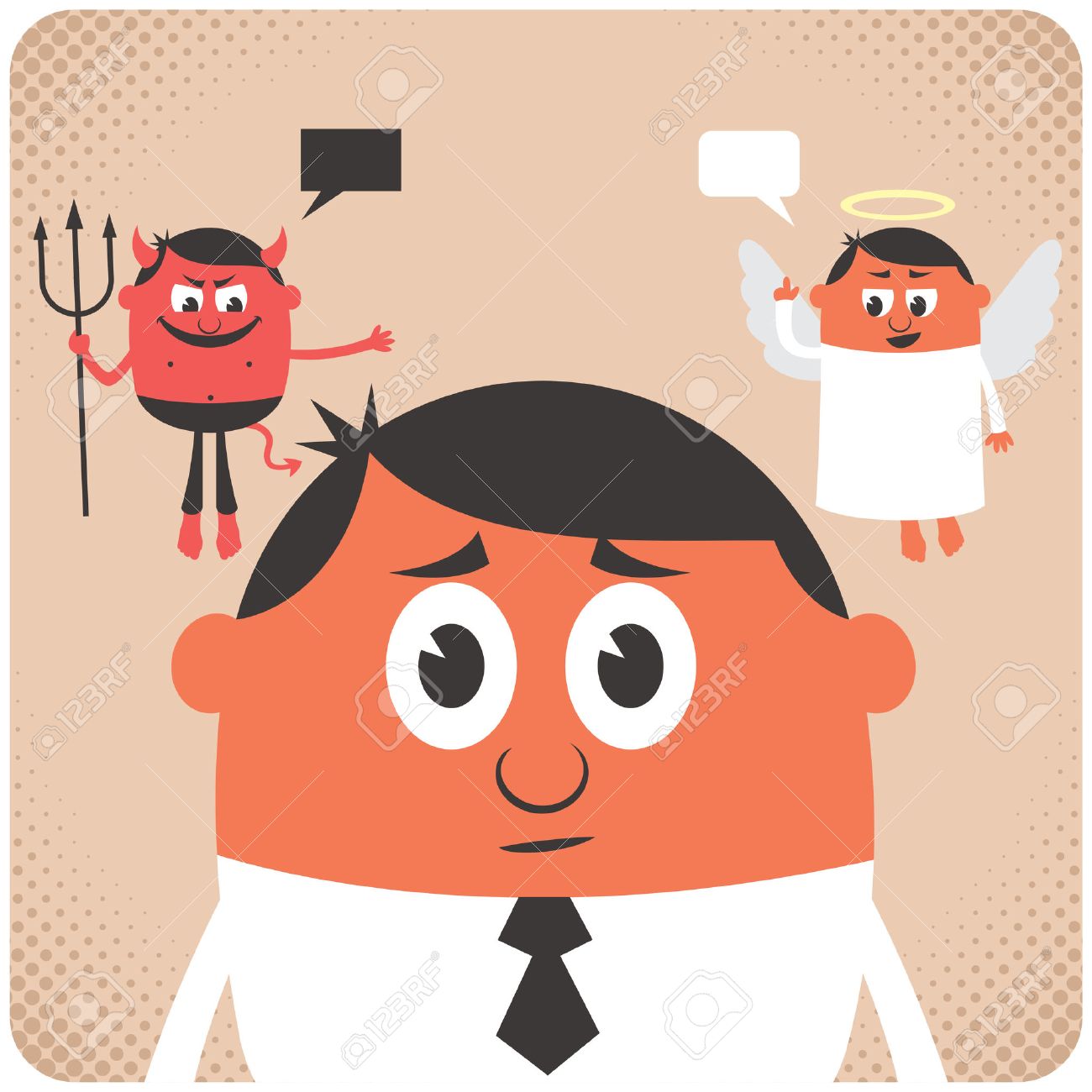 男の決断をしようとします。小さな天使と悪魔彼にアドバイスを与えています。使用される透明度なし。基本的な (線形)  グラデーション。のイラスト素材・ベクター Image 36763443