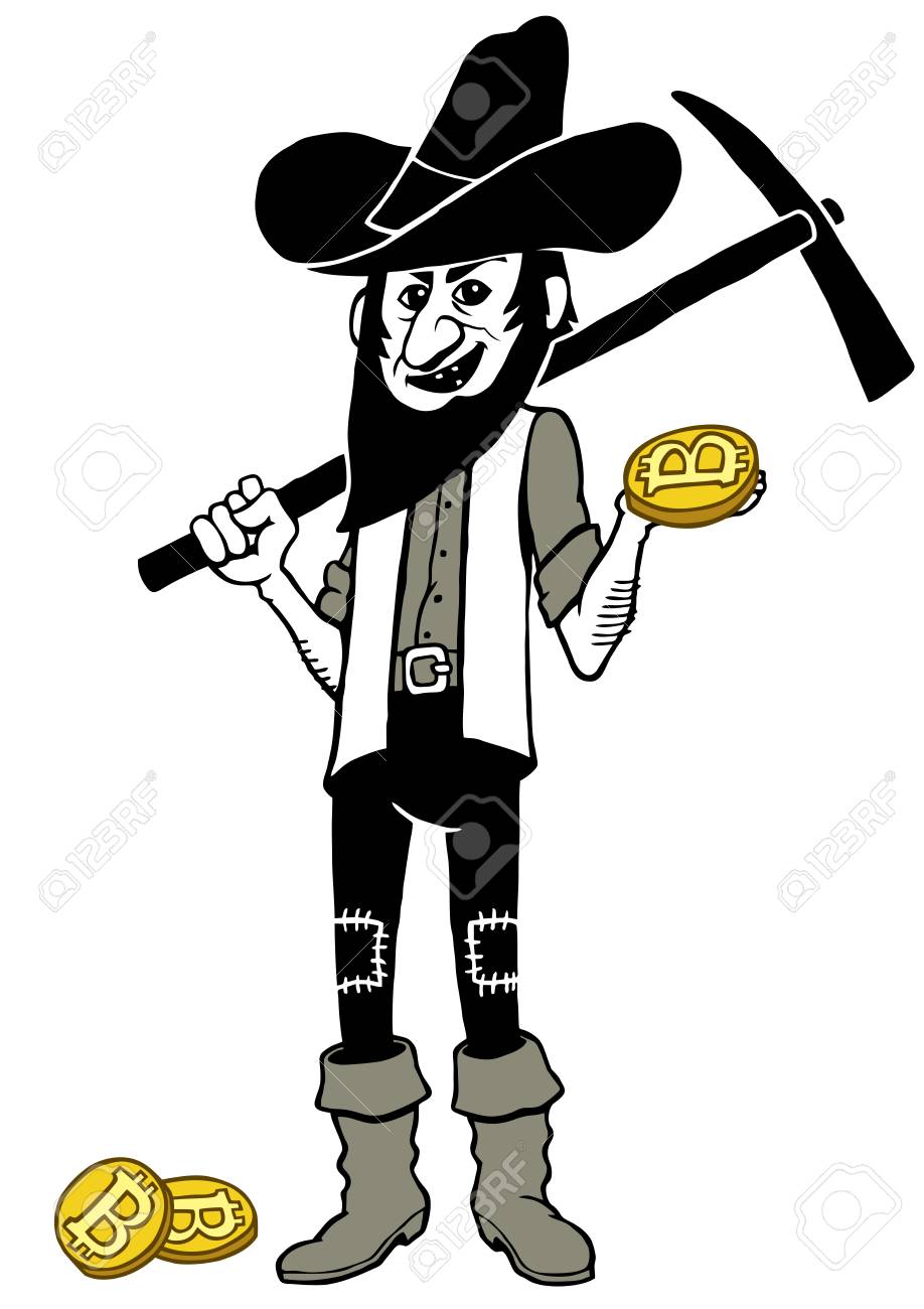 Hand Drawn Clip Art Illustration Of Bitcoin Miner Holding Gold Nugget And  Pickaxe. Stock Photo, Picture and Royalty Free Image. Image 92114826.
