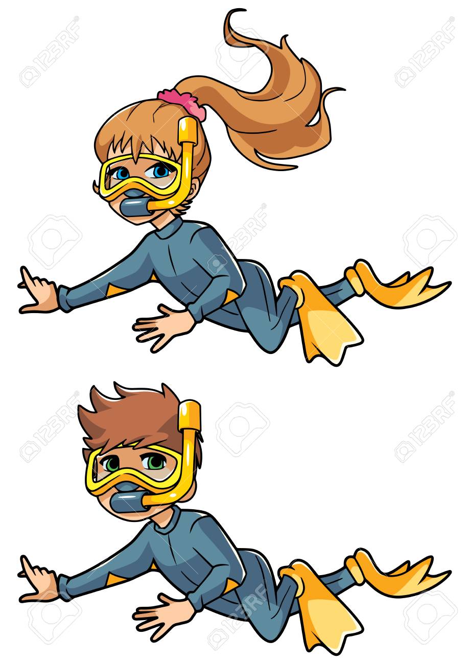 2人のかわいい子供 男の子と女の子の完全なイラストは ダイビングマスクを着用し コピースペースのための白い背景に対してシュノーケリングしながら フィンとネオプレンスーツを泳ぎます のイラスト素材 ベクタ Image