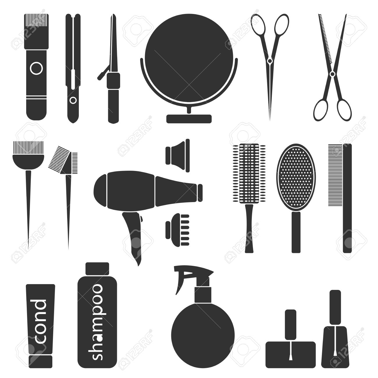 美容室 Monochrme ツールです 美容室スタイリング アクセサリー プロのヘアカットのアイコンを設定します 分離ベクトル図のイラスト素材 ベクタ Image