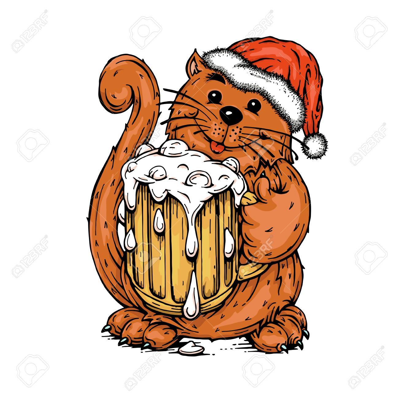 Hilaus Chat Casquette Rouge Dans La Nouvelle Annee Avec Un Verre De Biere Clip Art Libres De Droits Vecteurs Et Illustration Image