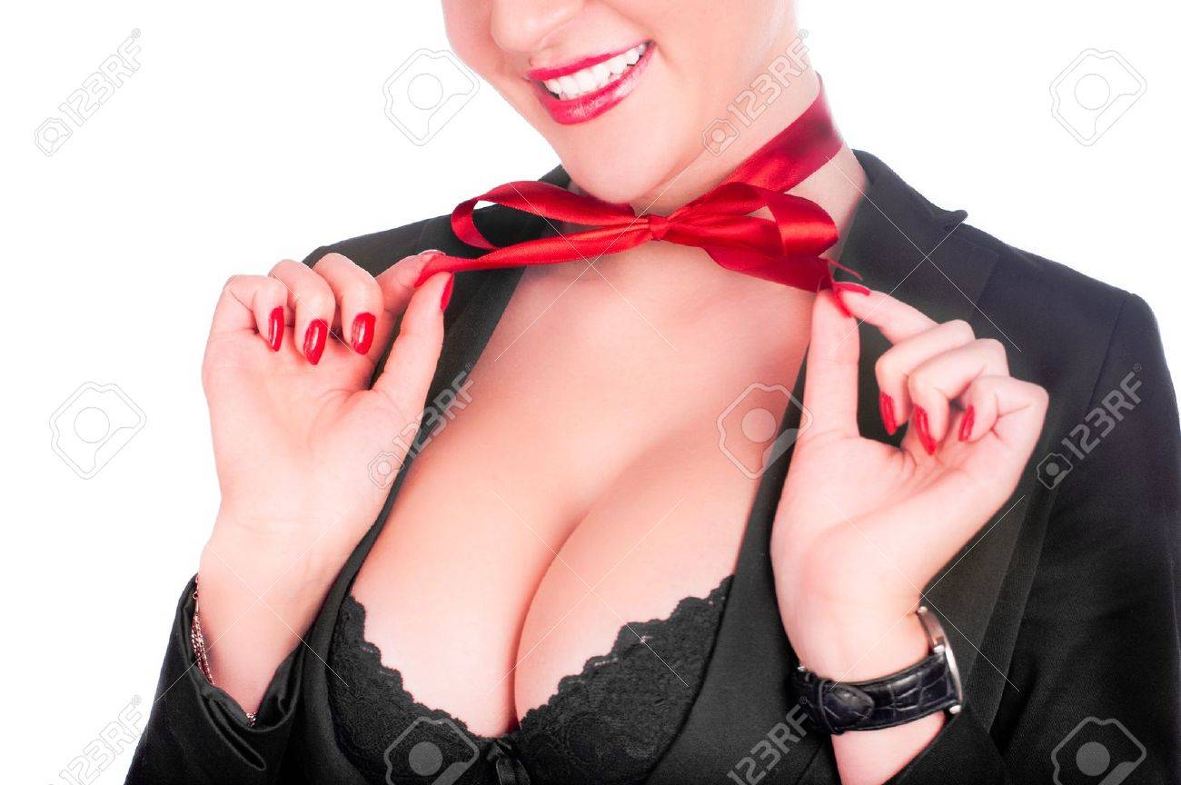 A Beautiful Sexy Gril In A Black Anderwear With A Red Bow On Her Neck  (isolated On White) Stock Photo, Picture and Royalty Free Image. Image  8962244.