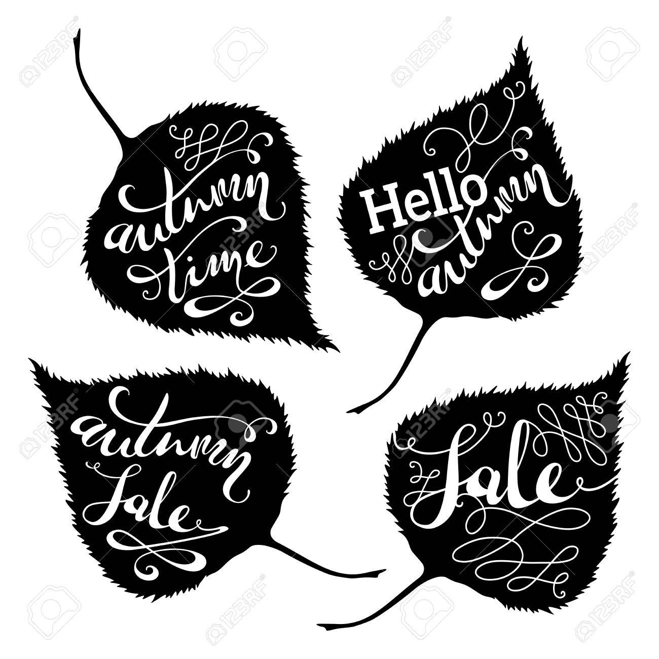 ベクトル秋レタリング 黒葉のシルエットが白い背景で隔離の手書きの言葉 こんにちは秋 秋の販売 秋時間 のイラスト素材 ベクタ Image