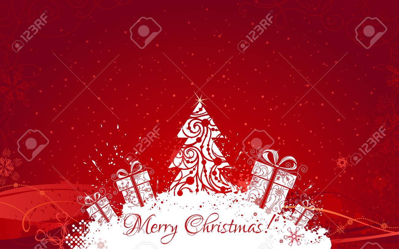 Red Christmas Background Hand Drawn Christmas Tree Gifts
