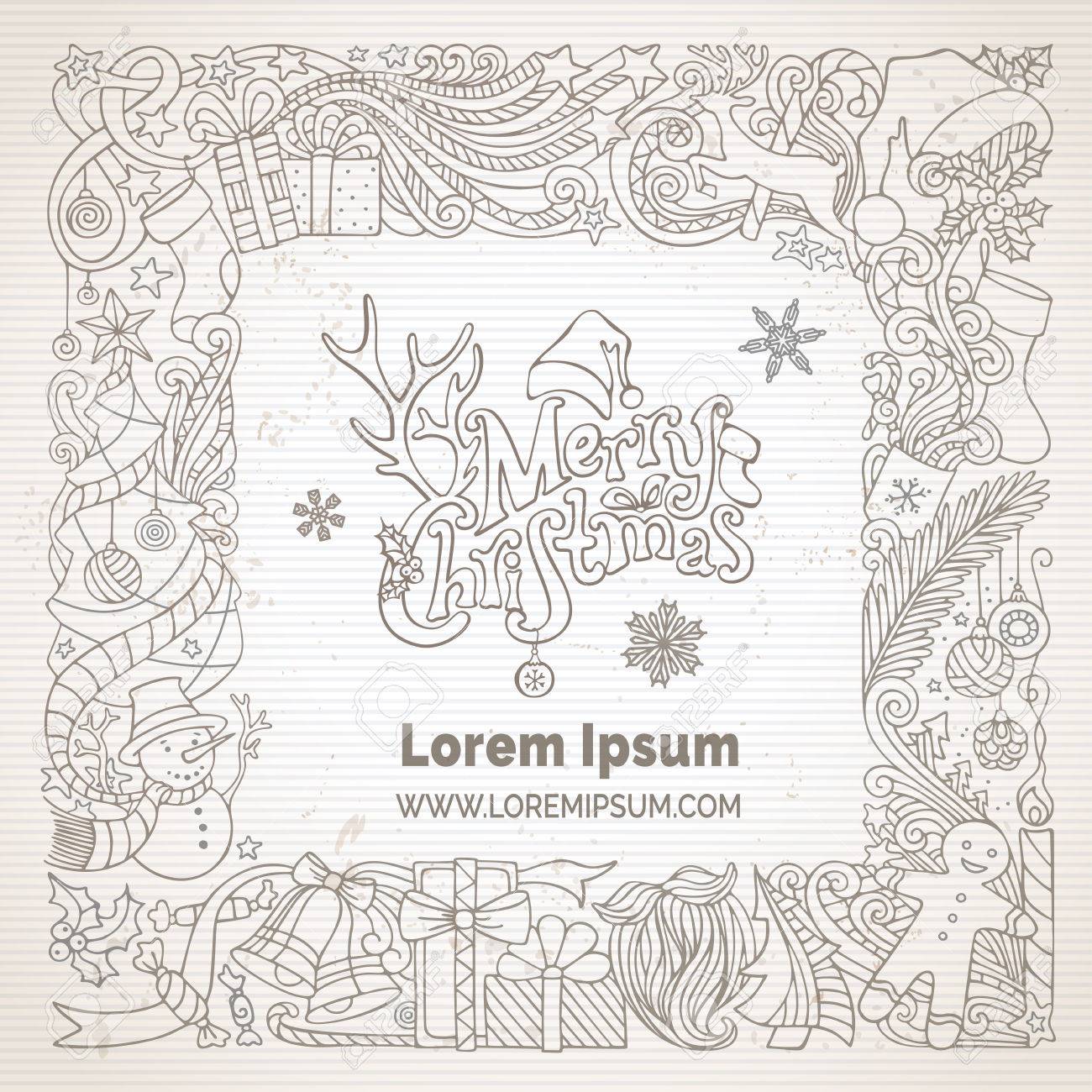 ビンテージ クリスマス落書きフレームです クリスマス ツリーとクリスマス ボール ギフトと弓 雪だるま ジンジャーブレッド人 鹿 ベル リボン 星 カップ キャンドル サンタの靴下 サンタ帽子 サンタひげ 眼鏡 ヒイラギの果実 手書きのテキスト セピア