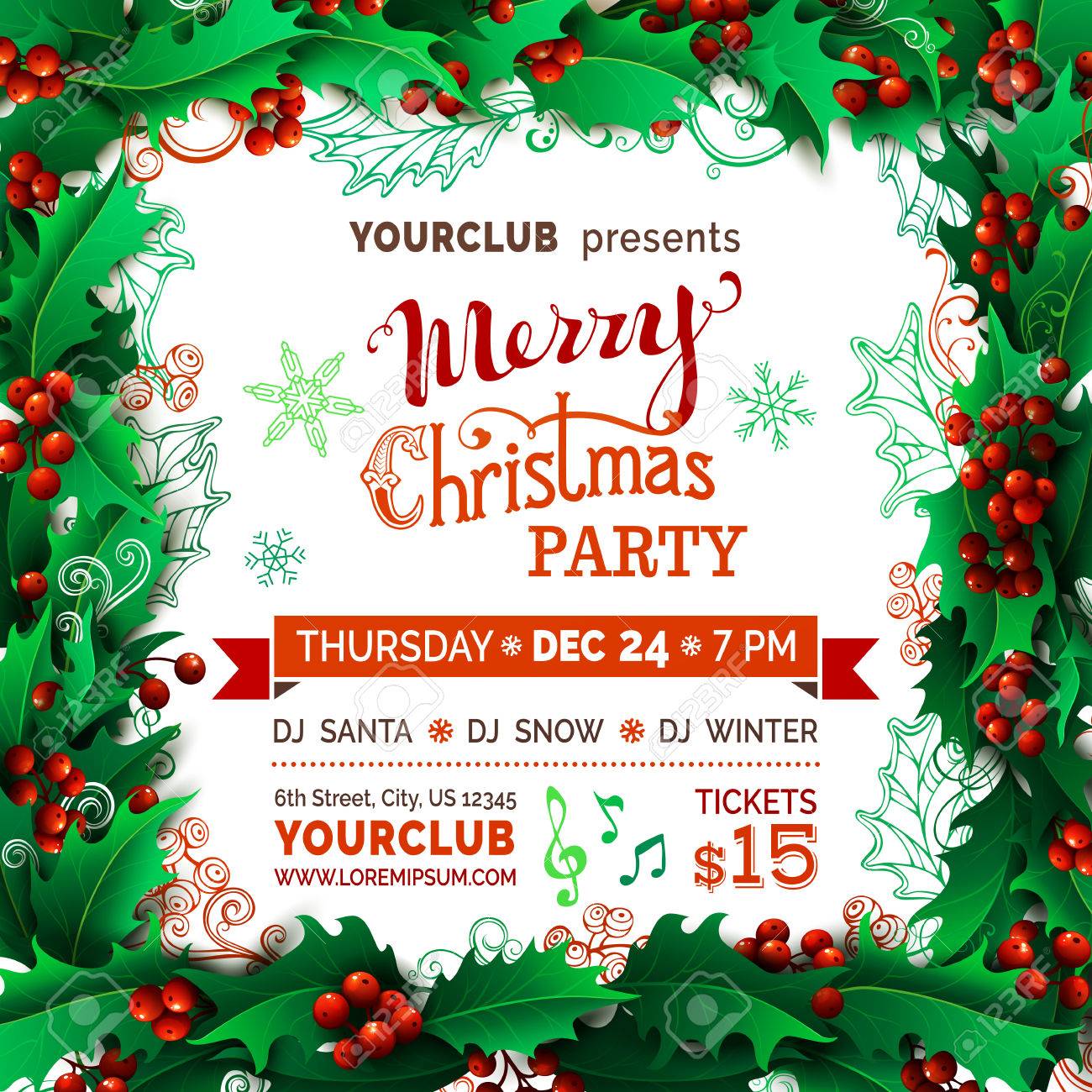 merry christmas party template vector holly berries christmas