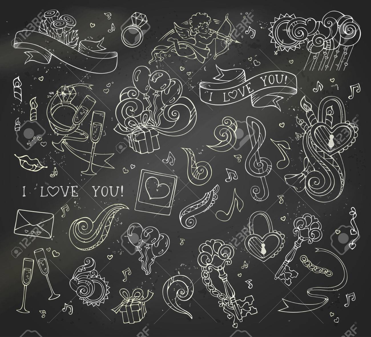 vector set of chalk love doodles icons on blackboard background black board background