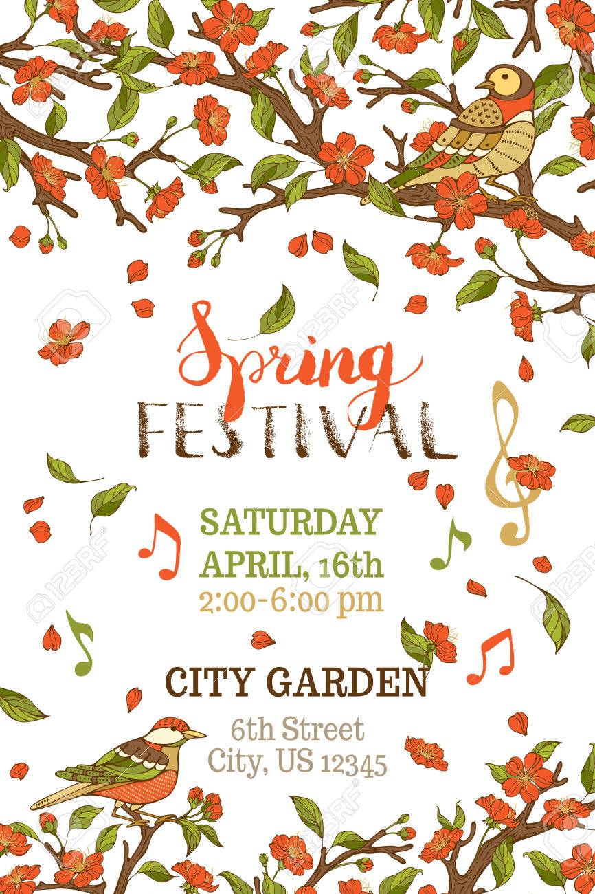 spring festival template vector card bright red blossoms and spring festival