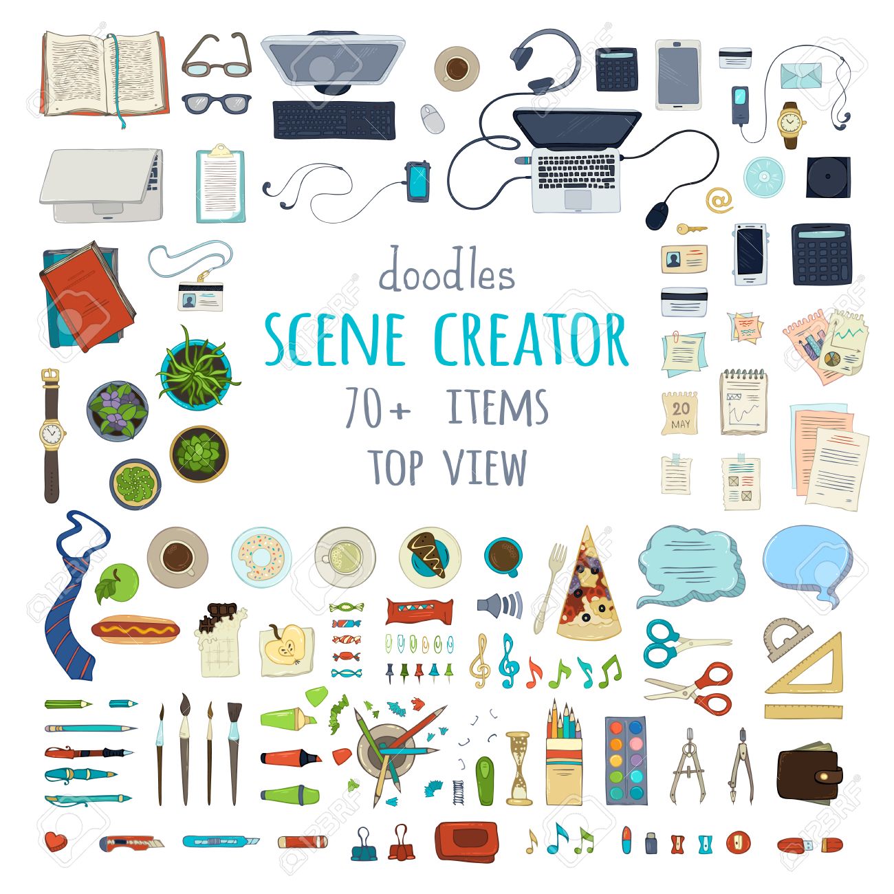 scene creator hand drawn gadgets and office supplies isolated