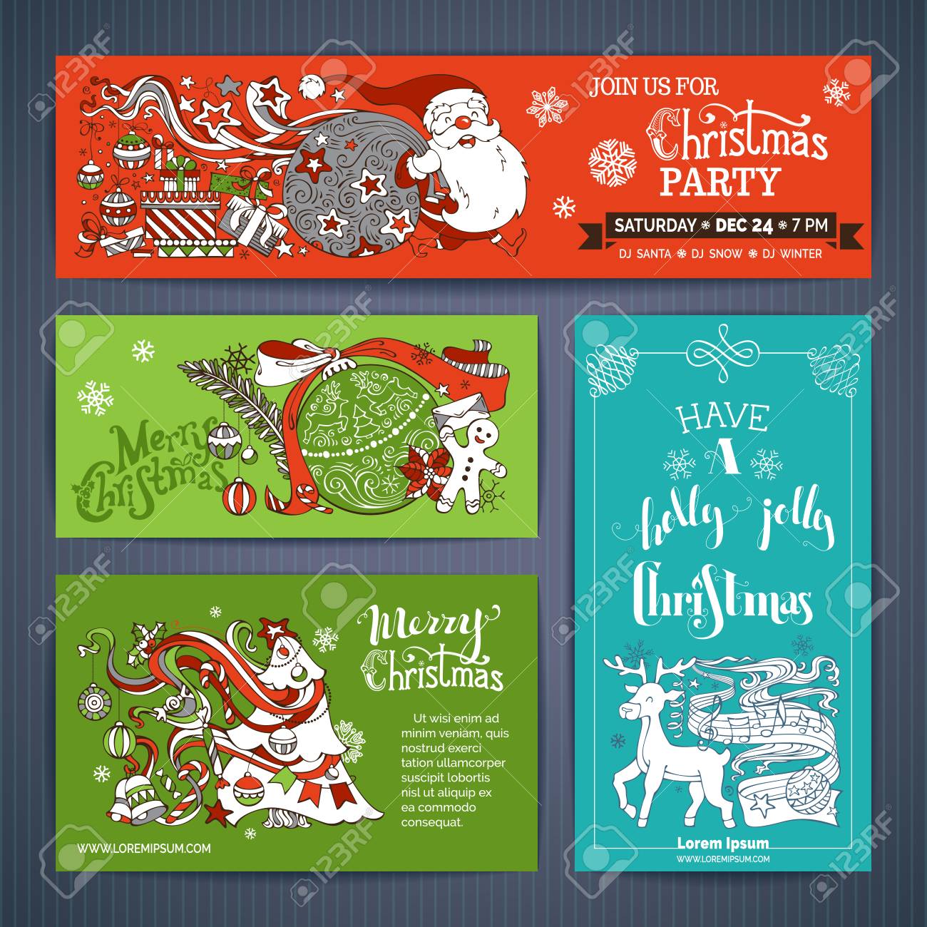 メリー クリスマスのバナーのベクトルを設定します クリスマスの装飾 クリスマス ツリー サンタ袋 ギフト 鹿 音楽ノート ジンジャーブレッド人 とつまらないものはキャンデー杖 手書きレタリング クリスマスです のイラスト素材 ベクタ Image