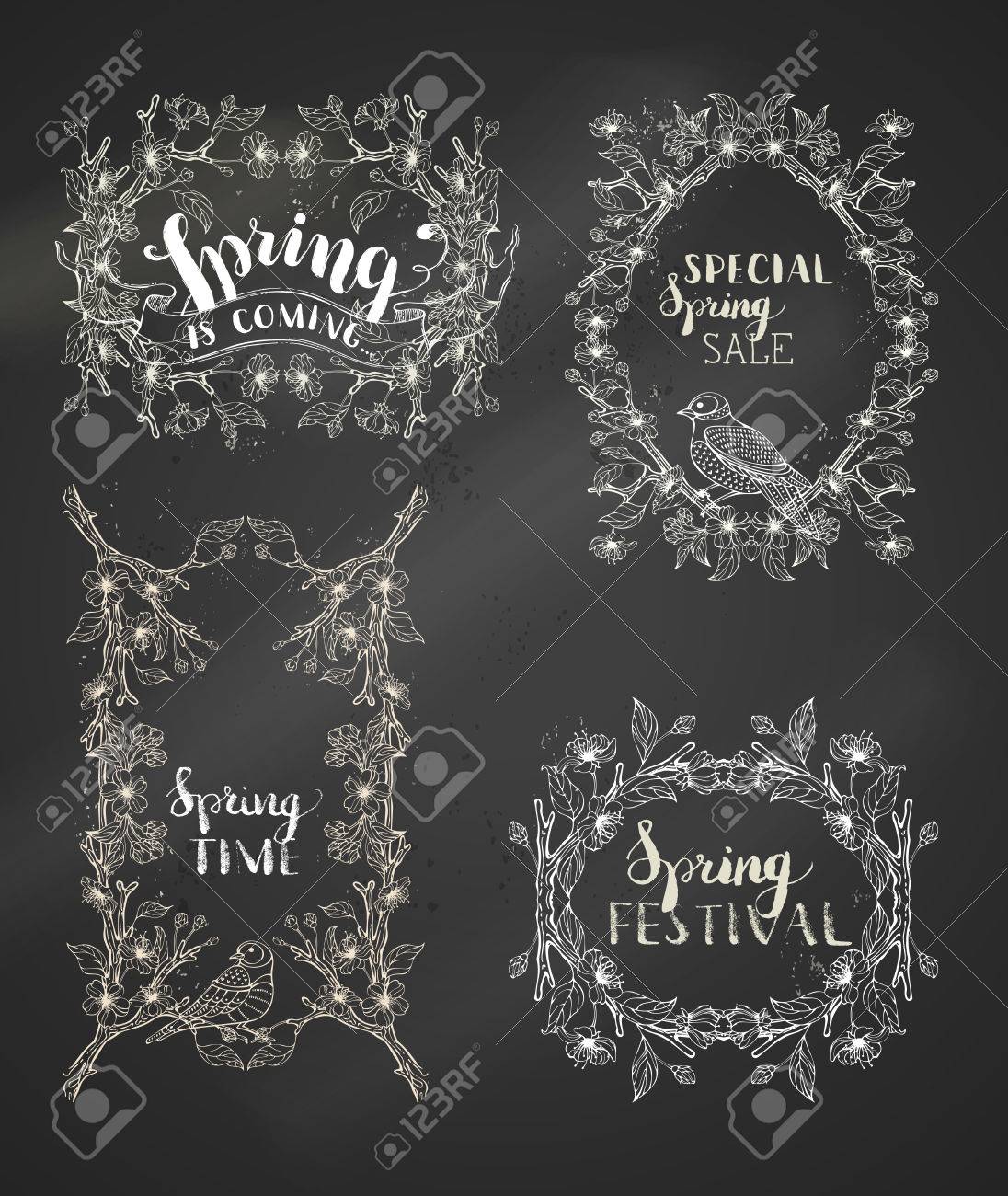 チョーク スプリング フレームや装飾品のベクトルを設定します 桜の花と木の枝の葉 黒板背景 グランジ ブラシを手書きレタリングします あなたのテキストの Copyspace があります のイラスト素材 ベクタ Image