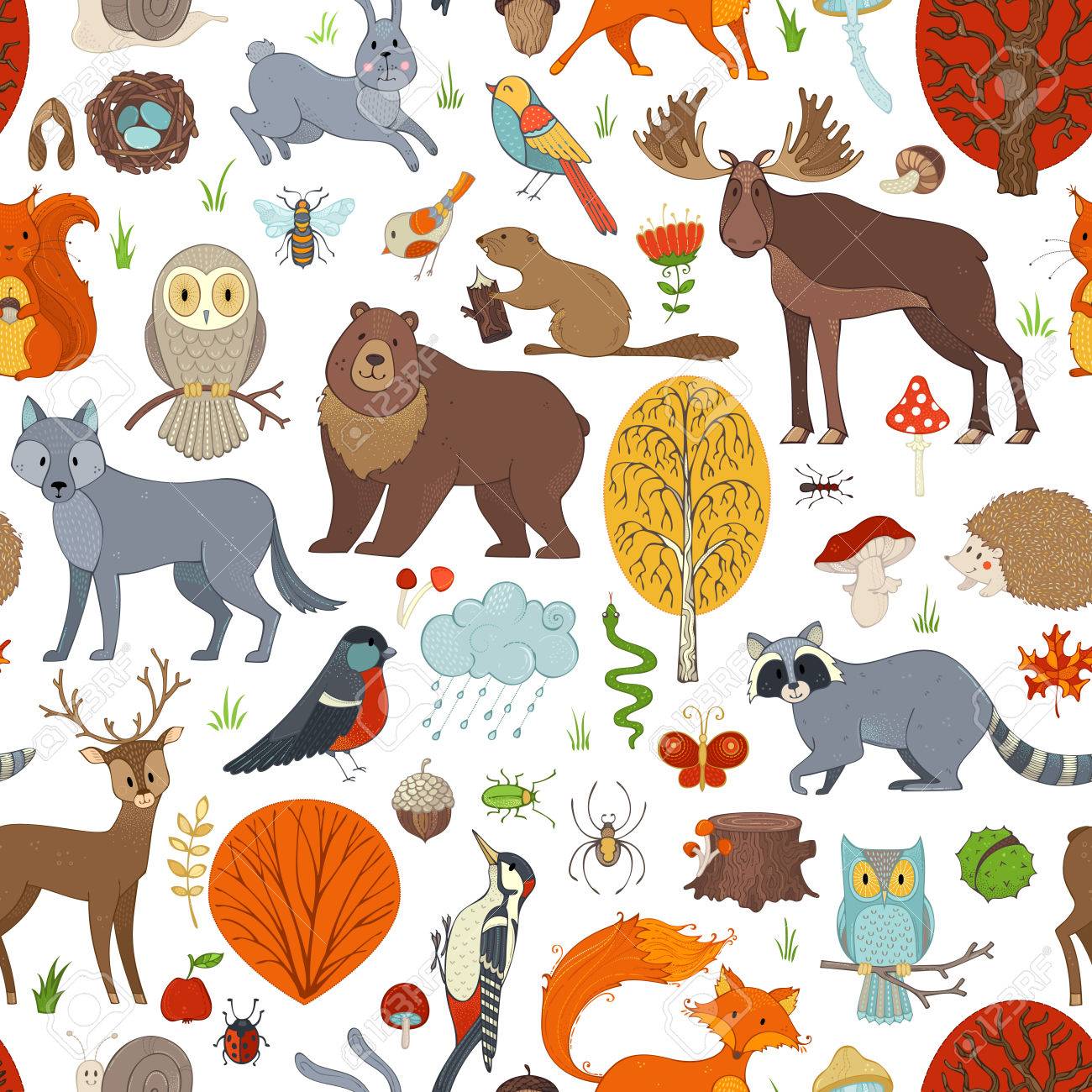 Vektor Wald Nahtlose Muster Herbstbaume Pilze Und Blatter Wilde Tiere Vogel Und Insekten Fuchs Wolf Hirsch Elche Bar Hase Eichhornchen Waschbar Igel Eule Biene Biber Schnecke Und Schlange Lizenzfrei Nutzbare Vektorgrafiken Clip