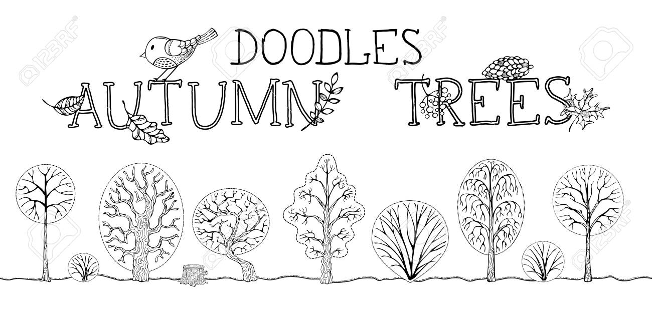 白樺 オーク 栗 ブッシュ 木の切り株などをいたずら書き木線形スタイルで行われました 子供のための塗り絵で使用できます のイラスト素材 ベクタ Image 86634057