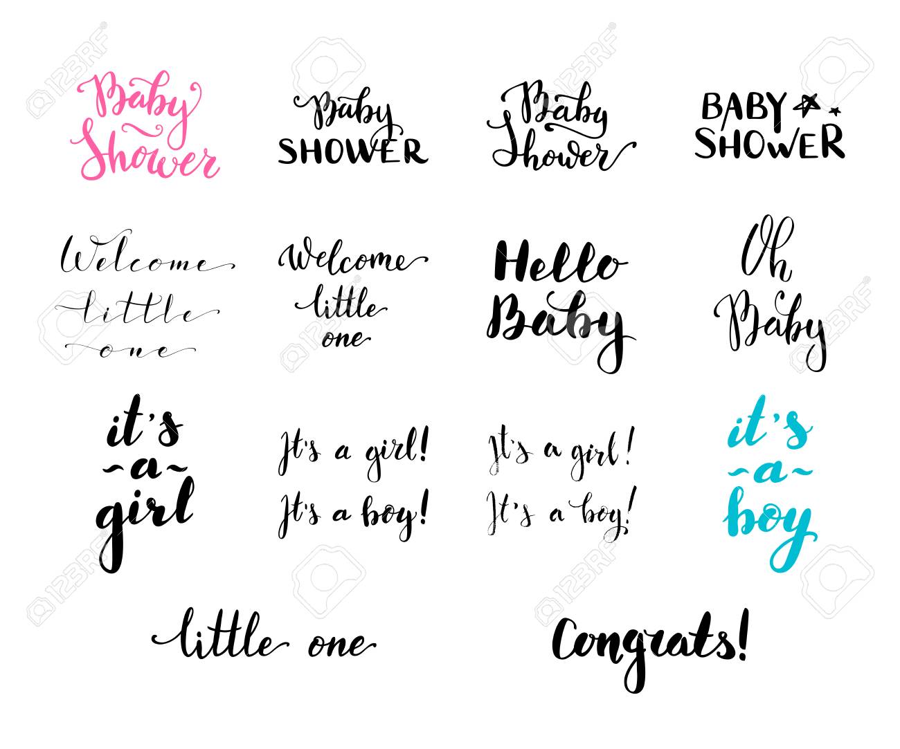 Vettoriale Parole E Frasi Della Spazzola Scritte Mano Di Vettore Baby Shower Ciao Baby Benvenuta Piccola E Una Ragazza E Un Ragazzo Congratulazioni Oh Piccola Image
