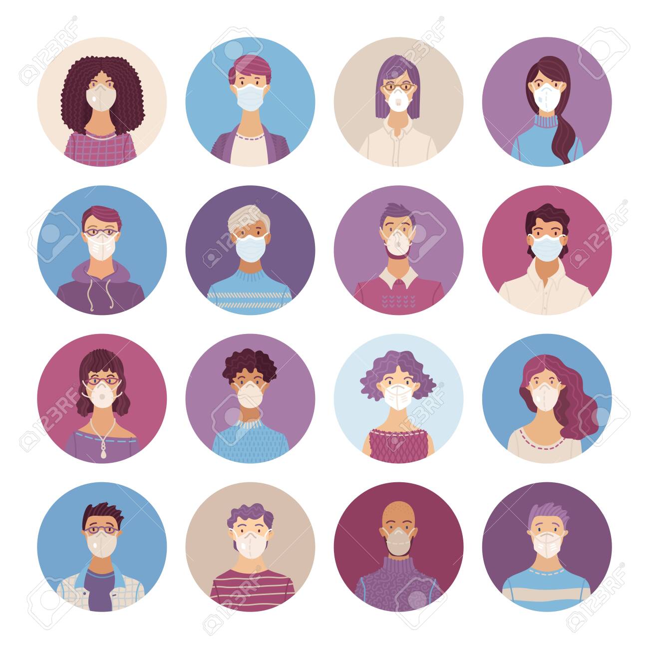 Women and men wearing safety breathing masks icons set. Respirators and medical masks. Disease, flu, coronavirus COVID-19, air pollution, allergies. Vector flat portraits young and aged people. - 146076050 Women and men wearing safety breathing masks icons set. Respirators and medical masks. Disease, flu, coronavirus COVID-19, air pollution, allergies. Vector flat portraits young and aged people. - 146076050