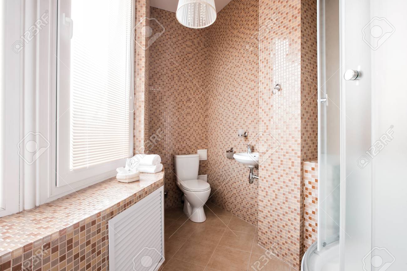 Salle de bains moderne avec douche de douche et fenêtre intérieure . intérieur design Salle de bains moderne avec douche de douche et fenêtre intérieure . intérieur design