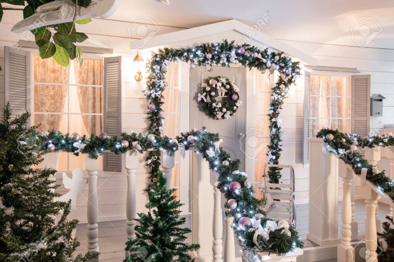 house entrance decorated for holidays christmas decoration stock