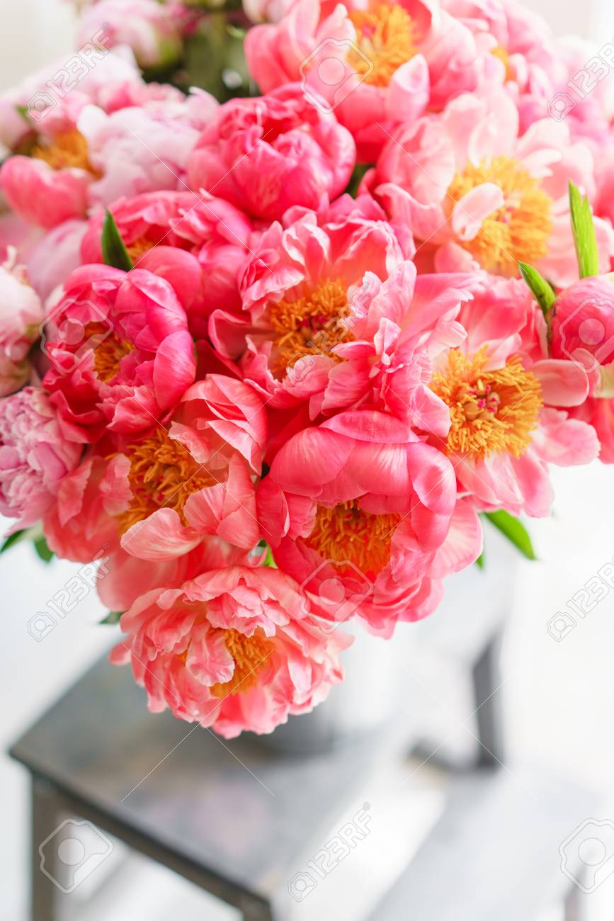 Lovely Flowers In Glass Vase Beautiful Bouquet Of Peonies Sort Stock Photo Picture And Royalty Free Image Image 101489726