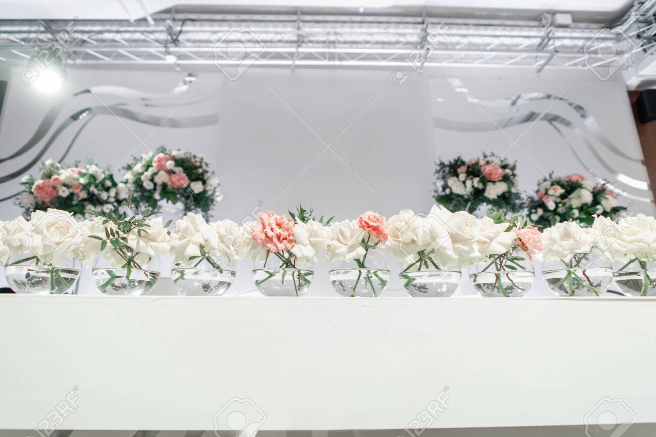 Small Flower Arrangements In Ball Glass Vases The Table Of The