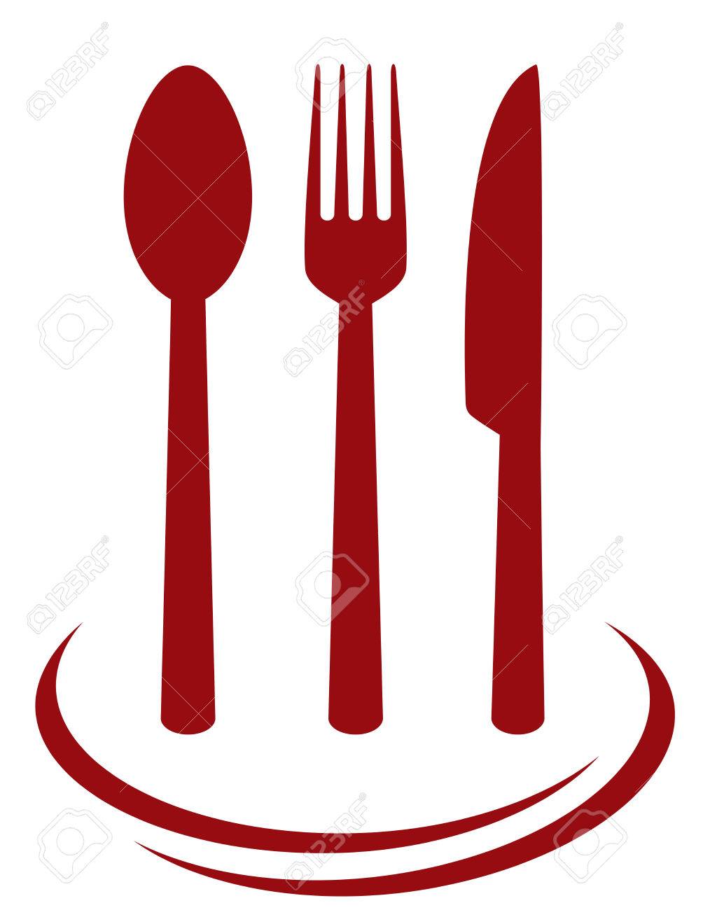 red cutlery set with decorative lines on white background royalty