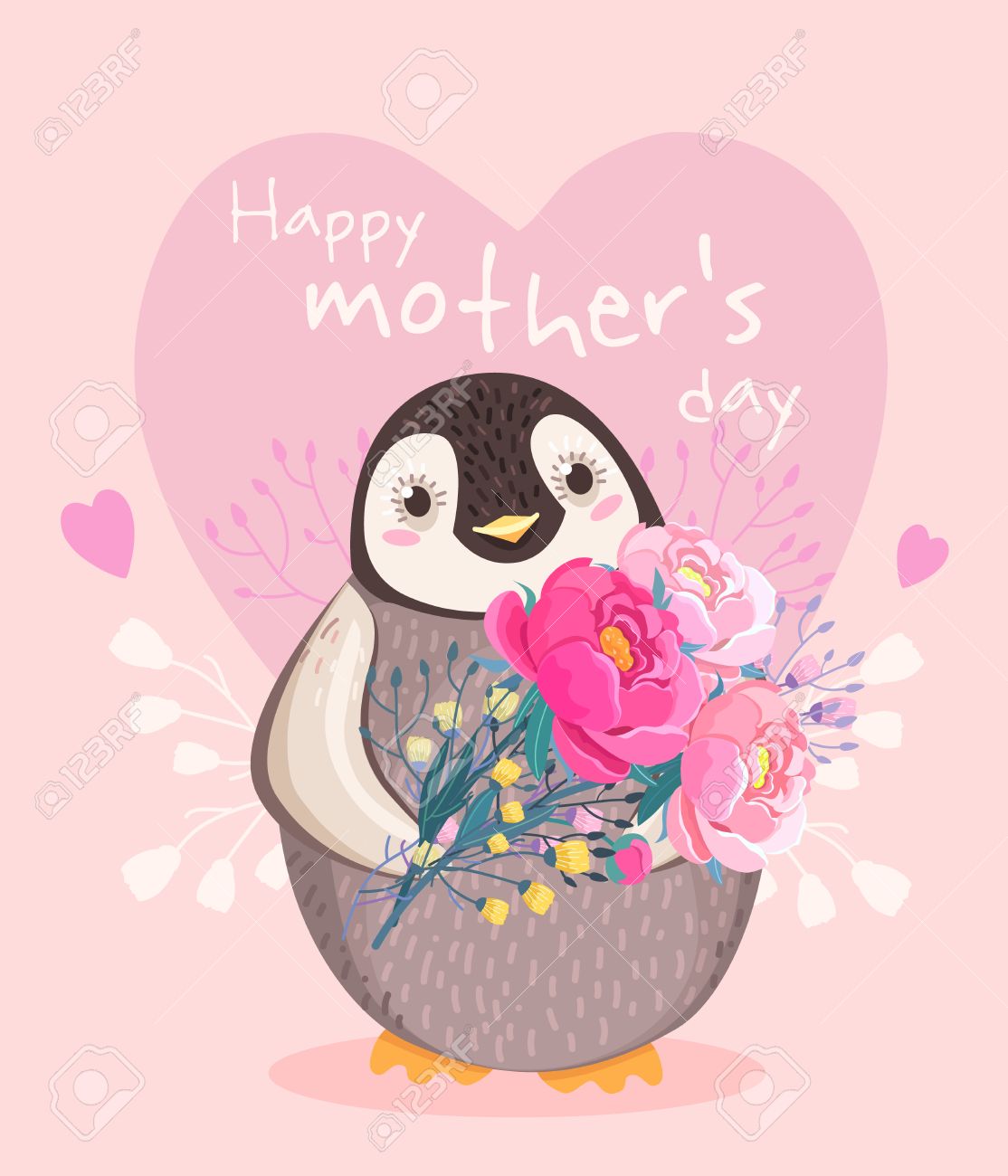 幸せな母の日 ペンギンと花のベクトル イラスト かわいい動物 休日のため甘いグリーティング カード 漫画の キャラクター おめでとう ベクターに招待 ハートとピンクの背景 のイラスト素材 ベクタ Image