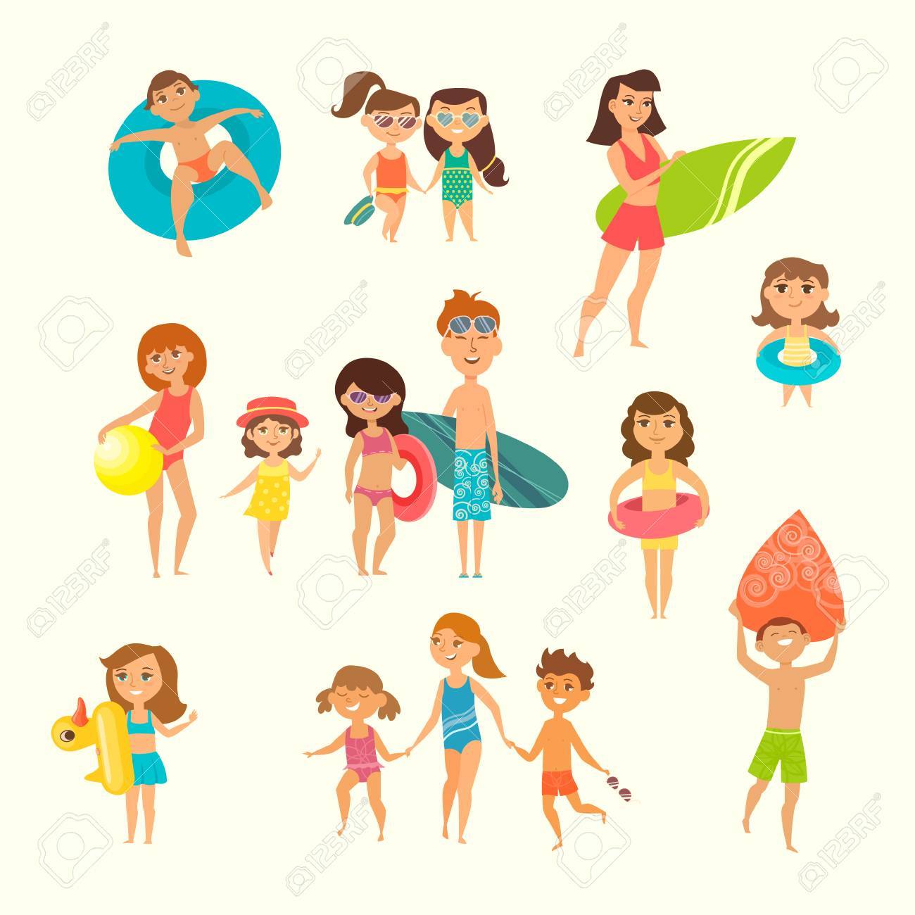 夏休み 隔離されたビーチで子供のベクトル イラスト 幸せな子供は 手を繋いで泳ぐ 実行します 男の子と女の子がサーフィンに行きます ゴム輪 の巻き毛の女の子 のイラスト素材 ベクタ Image