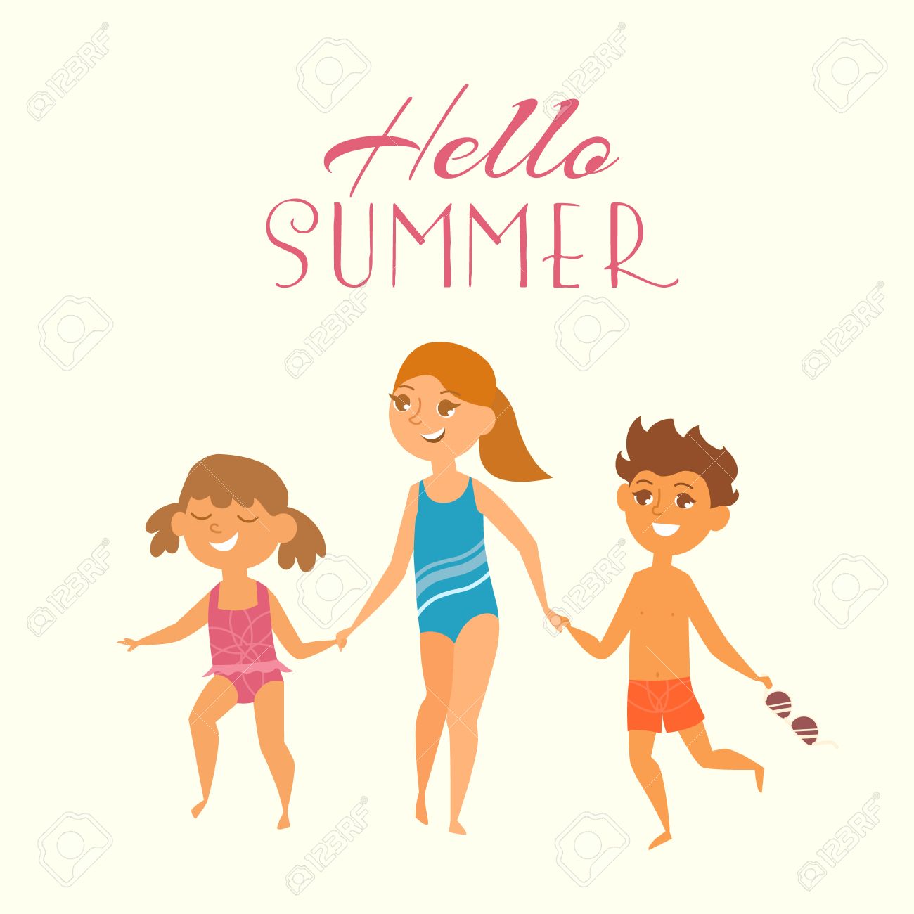 夏休み 隔離されたビーチで子供のベクトル イラスト 子供たちは 手を取り合って 泳ぐ実行します 若い人の漫画のキャラクター のイラスト素材 ベクタ Image