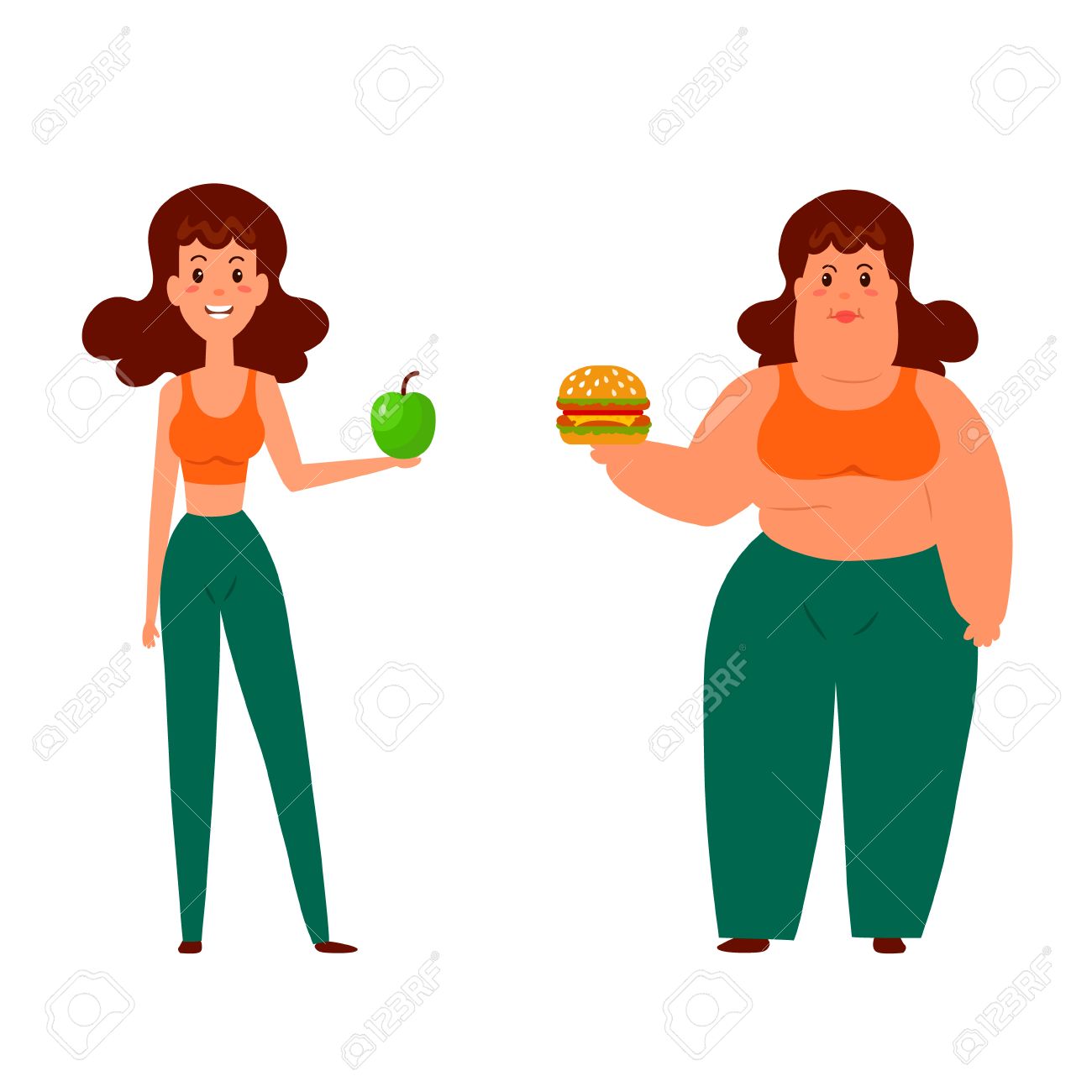 漫画の面白いキャラクター ライフ スタイル 良好な栄養状態や食生活 脂肪と薄い女性が白い背景で隔離のベクター イラストです 健康と体重の問題 体重減少 のイラスト素材 ベクタ Image