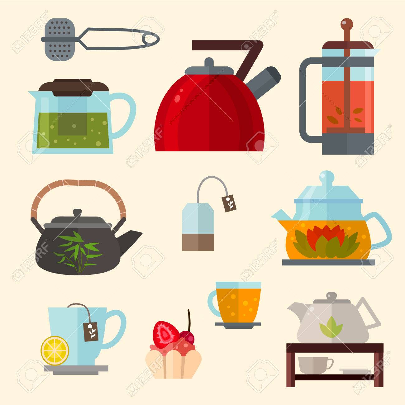 ティー パーティーのベクトルの概念図 白い背景で隔離のアイコンでお茶会です 紅茶用アクセサリーのセット カップ ティーポット ティーバッグ お茶ツール フラット スタイルのガラスします お茶時間のベクトル シンボル のイラスト素材 ベクタ Image