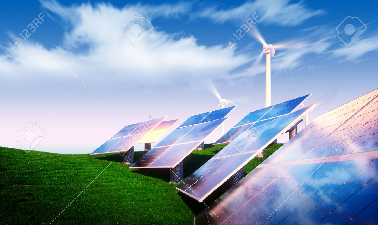 Renewable energy concept - photovoltaic with wind turbines in fresh nature - 48980851 Renewable energy concept - photovoltaic with wind turbines in fresh nature - 48980851