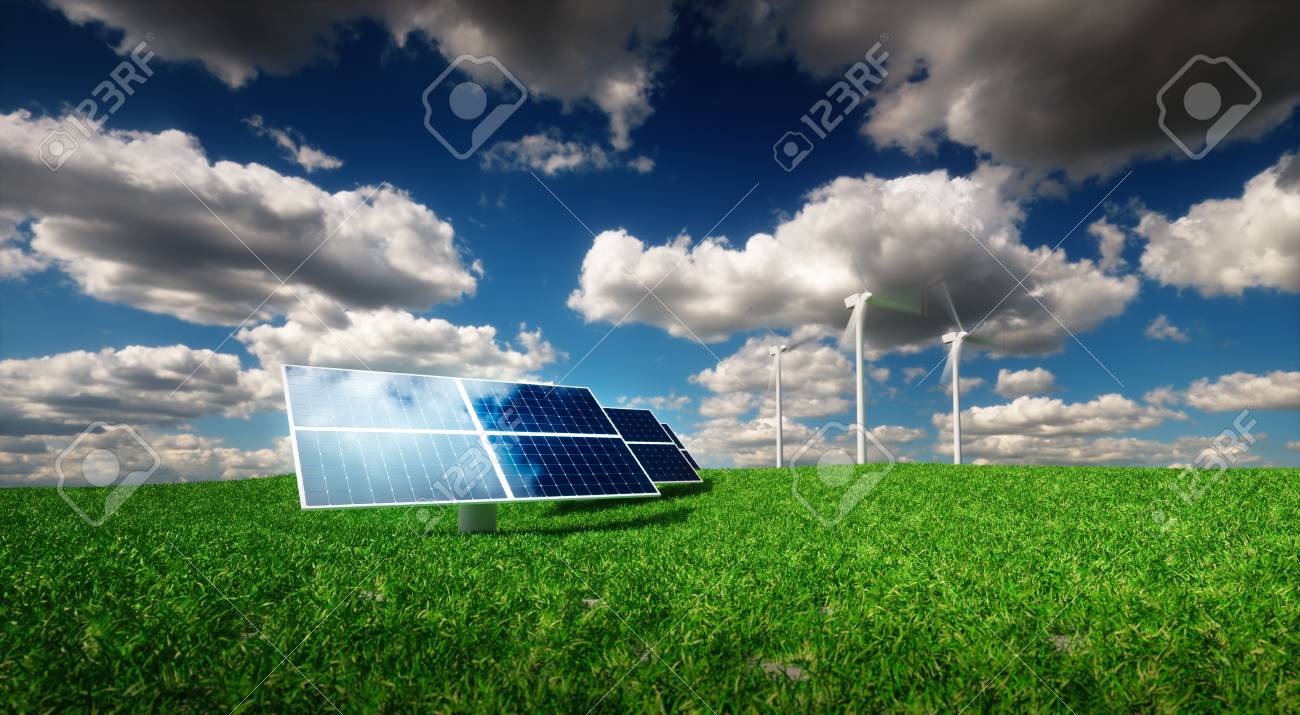 再生可能エネルギーの概念 太陽光発電と風力タービン下に草の上 3 D イラスト の写真素材 画像素材 Image