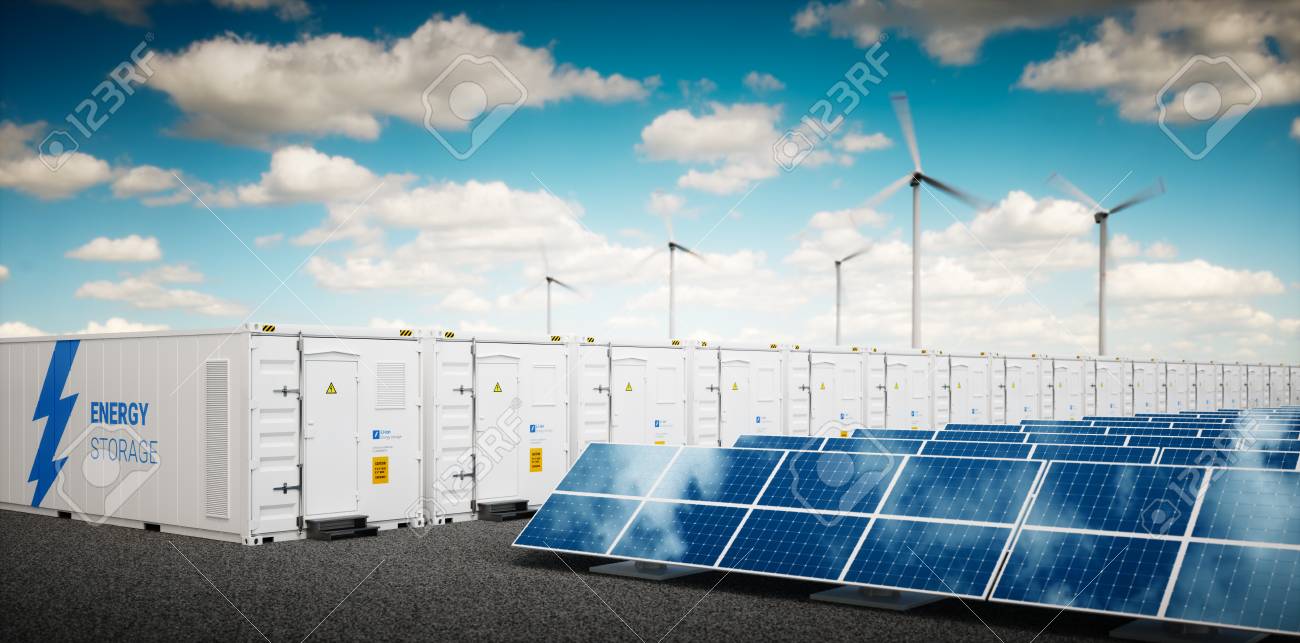 Concept of energy storage system. Renewable energy power plants - photovoltaics, wind turbine farm and battery container. 3d rendering. - 90825579 Concept of energy storage system. Renewable energy power plants - photovoltaics, wind turbine farm and battery container. 3d rendering. - 90825579