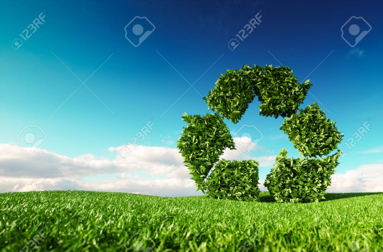 Eco friendly recyclation concept. 3d rendering of green recycle icon on fresh spring meadow with blue sky in background. - 101545131 Eco friendly recyclation concept. 3d rendering of green recycle icon on fresh spring meadow with blue sky in background. - 101545131