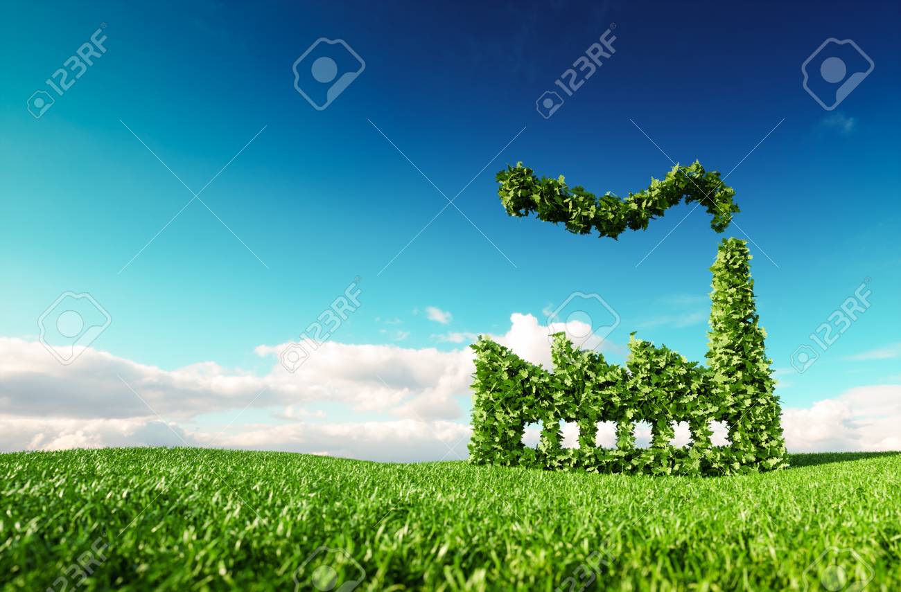 Eco friendly industry concept. 3d rendering of green factory icon on fresh spring meadow with blue sky in background. - 101939238 Eco friendly industry concept. 3d rendering of green factory icon on fresh spring meadow with blue sky in background. - 101939238