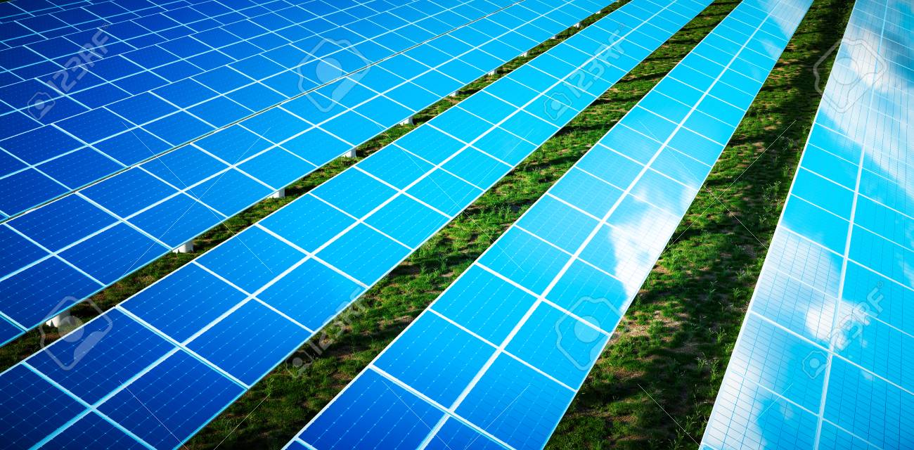 Beautiful reflection of clouds on blue solar cells of a large solar farm in a warm late afternoon light with fresh green grass under the panels. 3d rendering. - 116005501 Beautiful reflection of clouds on blue solar cells of a large solar farm in a warm late afternoon light with fresh green grass under the panels. 3d rendering. - 116005501