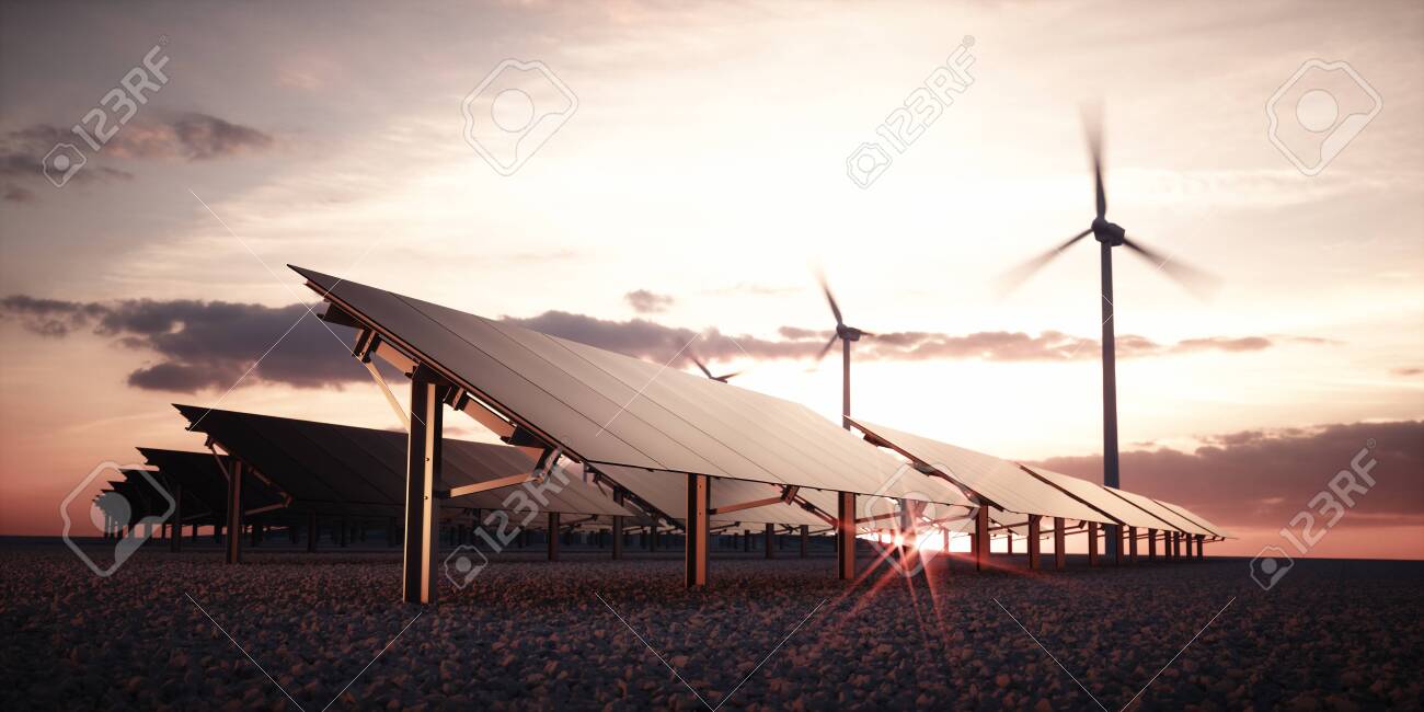 Modern and futuristic aesthetic black solar panels of large photovoltaic power station with wind turbines in background in warm sunset light. 3d rendering. - 120037972 Modern and futuristic aesthetic black solar panels of large photovoltaic power station with wind turbines in background in warm sunset light. 3d rendering. - 120037972