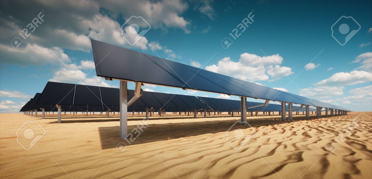 Modern black solar panel of a photovoltaic power plant in a desert environment in sunny weather. 3d rendering. - 120037971 Modern black solar panel of a photovoltaic power plant in a desert environment in sunny weather. 3d rendering. - 120037971