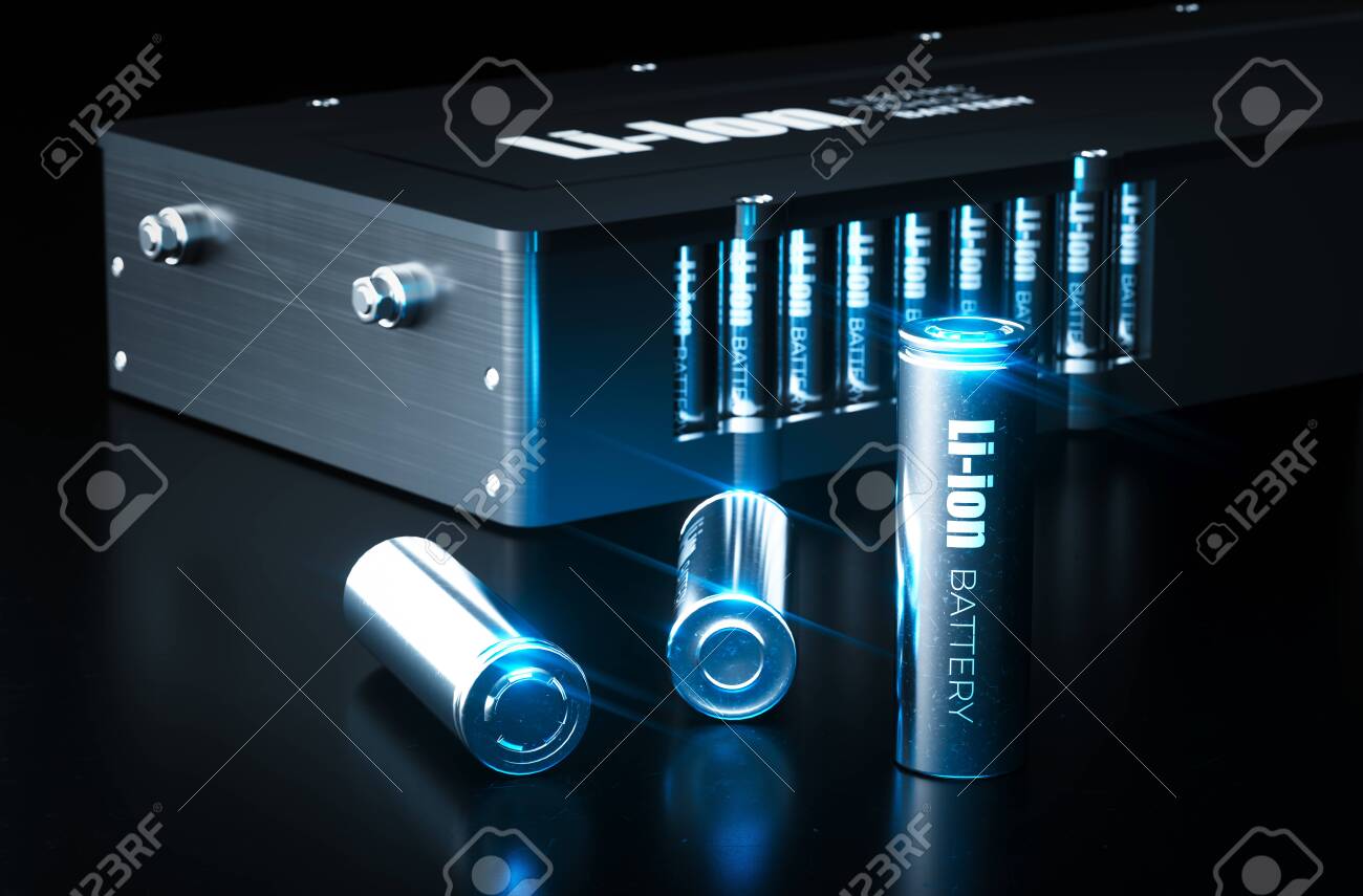 Modern lithium ion battery technology concept. Metal Li-Ion battery cells with electric vehicle battery pack on black background. 3d illustration. - 124373834 Modern lithium ion battery technology concept. Metal Li-Ion battery cells with electric vehicle battery pack on black background. 3d illustration. - 124373834