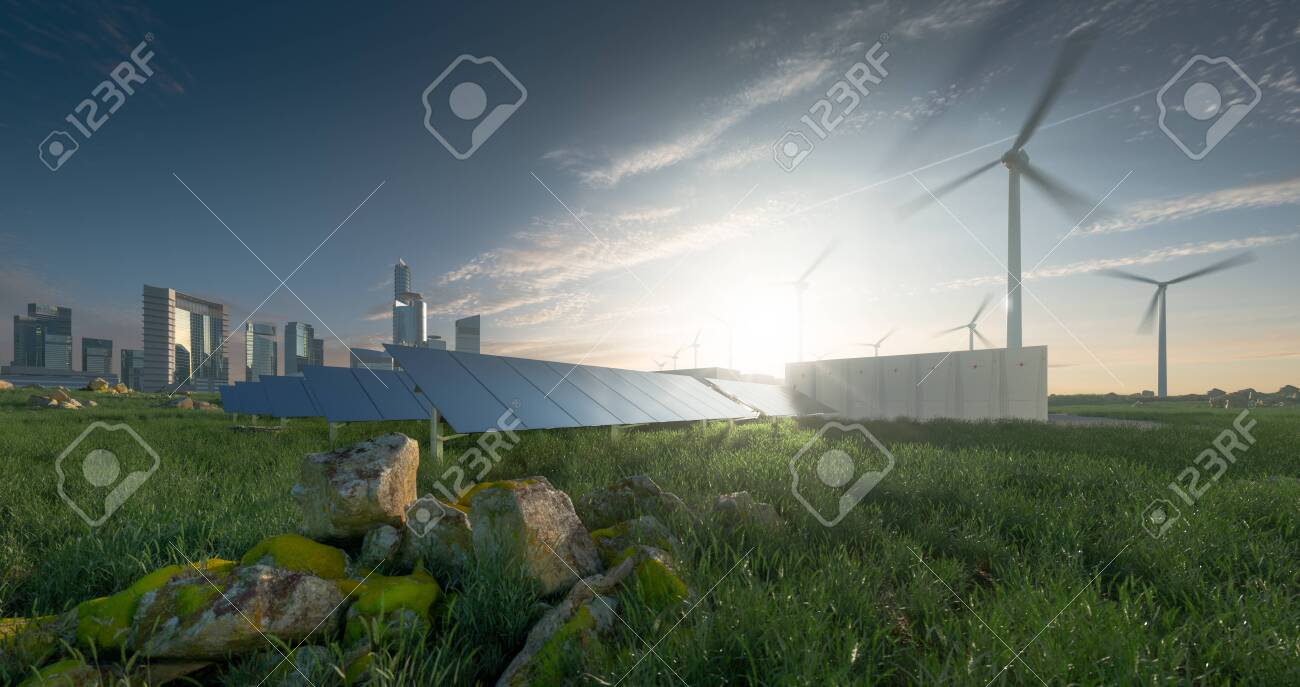 Future renewable energy solution for sustainable cities. Modern black frameless solar panels, battery energy storage facility, wind turbines and big city with skycrapers in background. 3d rendering. - 135060332 Future renewable energy solution for sustainable cities. Modern black frameless solar panels, battery energy storage facility, wind turbines and big city with skycrapers in background. 3d rendering. - 135060332