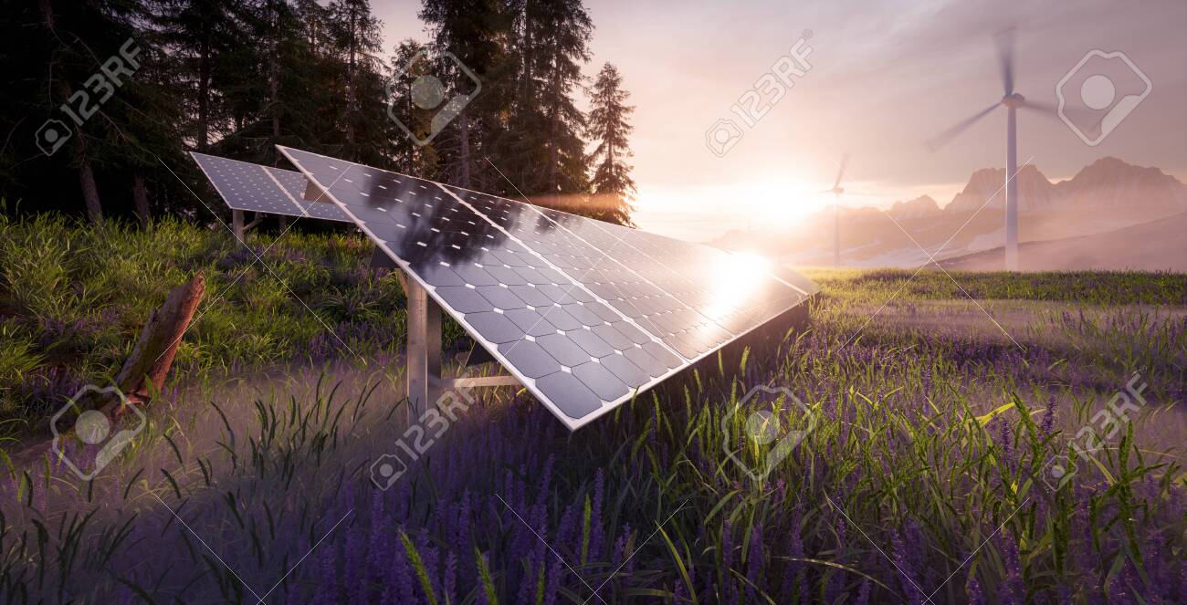 Environmentally friendly installation of photovoltaic power plant and wind turbine farm situated in beautiful fresh mountain scenery with nice warm morning light. 3d rendering. - 135409612 Environmentally friendly installation of photovoltaic power plant and wind turbine farm situated in beautiful fresh mountain scenery with nice warm morning light. 3d rendering. - 135409612