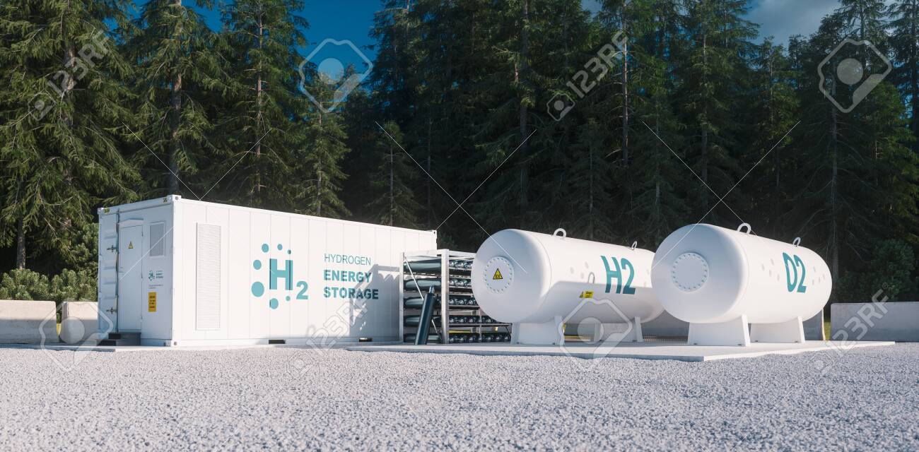 Environmentally friendly solution of renewable energy storage - hydrogen gas to clean electricity facility situated in forest environment. 3d rendering. - 135409587 Environmentally friendly solution of renewable energy storage - hydrogen gas to clean electricity facility situated in forest environment. 3d rendering. - 135409587