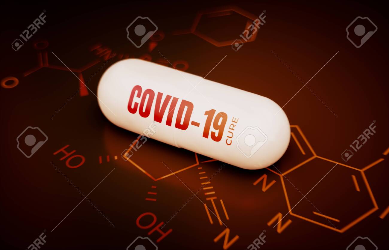 Concept of a covid-19 coronavirus cure. 3d rendering of a pill on a hi tech red background with chemical formula. - 143579196 Concept of a covid-19 coronavirus cure. 3d rendering of a pill on a hi tech red background with chemical formula. - 143579196