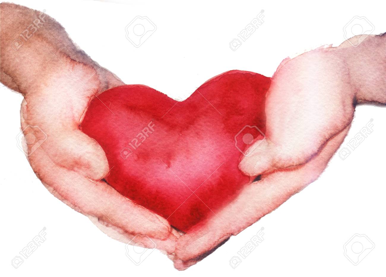 Watercolor Sketch Heart In Hands On A White Background