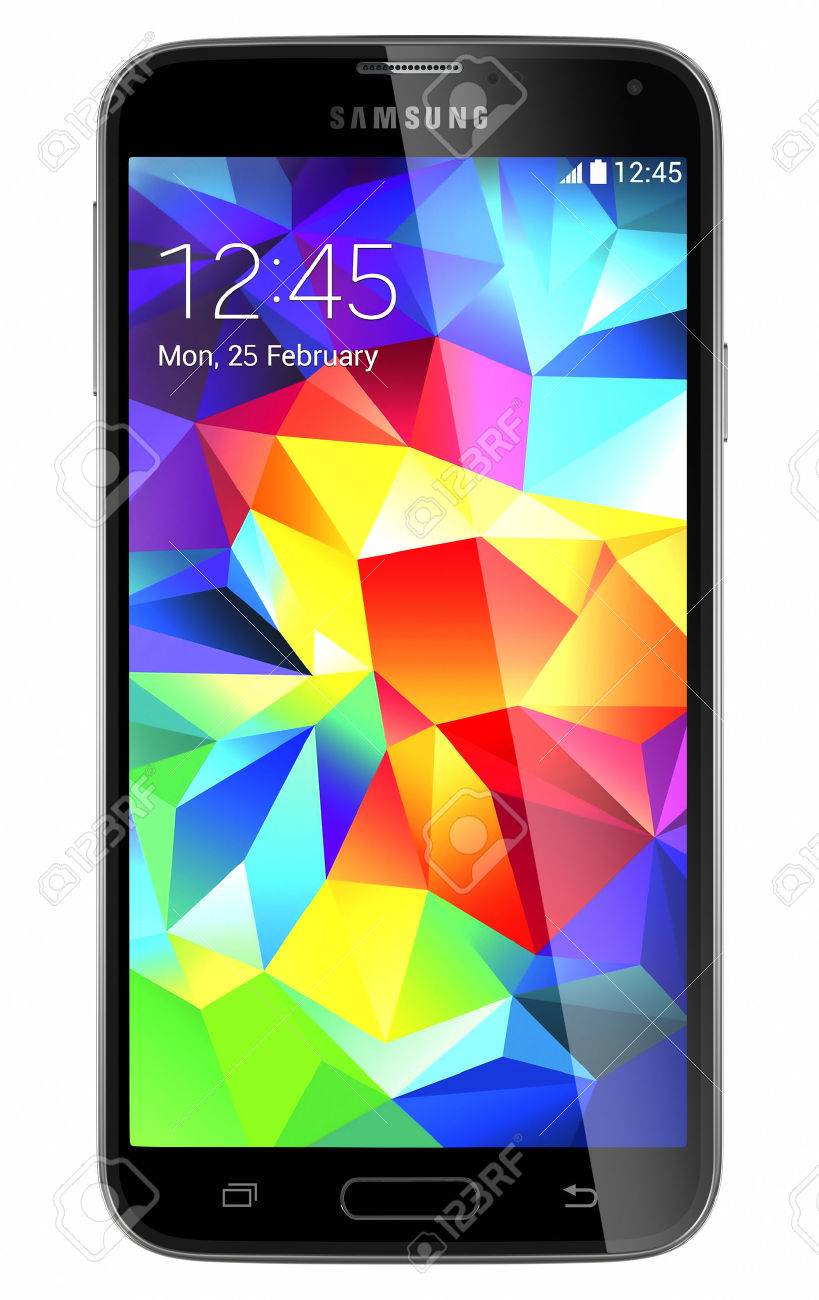 Galati, Romania - May 19, 2014: Samsung Galaxy S5 is the newest smart phone from Samsung and support 5.1 inches Multi-touch extream high resolution display (1080 x 1920 pixels) and Android OS. Device shows the lock screen. Isolated on white. - 28435496 Galati, Romania - May 19, 2014: Samsung Galaxy S5 is the newest smart phone from Samsung and support 5.1 inches Multi-touch extream high resolution display (1080 x 1920 pixels) and Android OS. Device shows the lock screen. Isolated on white. - 28435496