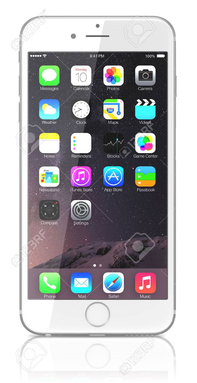 Apple Silver iPhone 6 Plus showing the home screen with iOS 8.The new iPhone with higher-resolution 4.7 and 5.5-inch screens, improved cameras, new sensors, a dedicated NFC chip for mobile payments. Apple released the iPhone 6 and iPhone 6 Plus on Septemb - 31750029 Apple Silver iPhone 6 Plus showing the home screen with iOS 8.The new iPhone with higher-resolution 4.7 and 5.5-inch screens, improved cameras, new sensors, a dedicated NFC chip for mobile payments. Apple released the iPhone 6 and iPhone 6 Plus on Septemb - 31750029